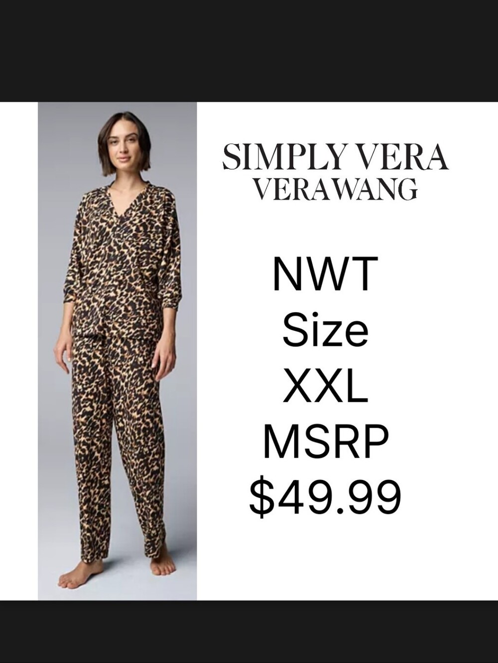 NWT Women's Simply Vera Vera Wang 2-pc. Pajama Top & Pajama Bottoms Set Size XXL